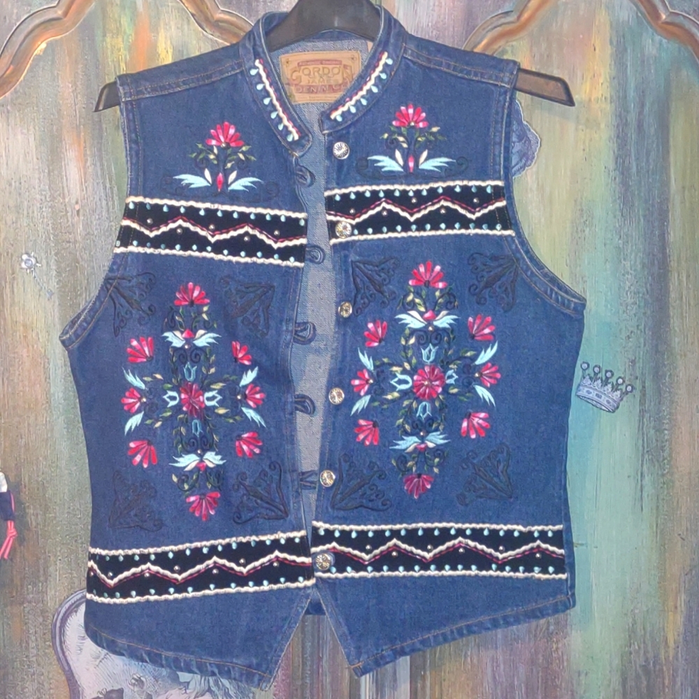 Colorful floral denim vest VTG Gordan James Denim Co.pany Vintage